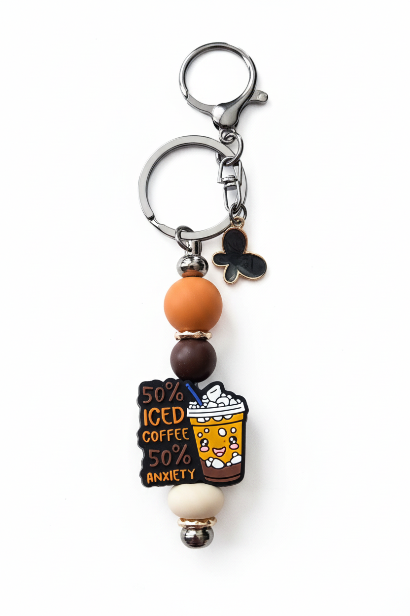 50% Iced Coffee 50% Anxiety Beaded Keychain