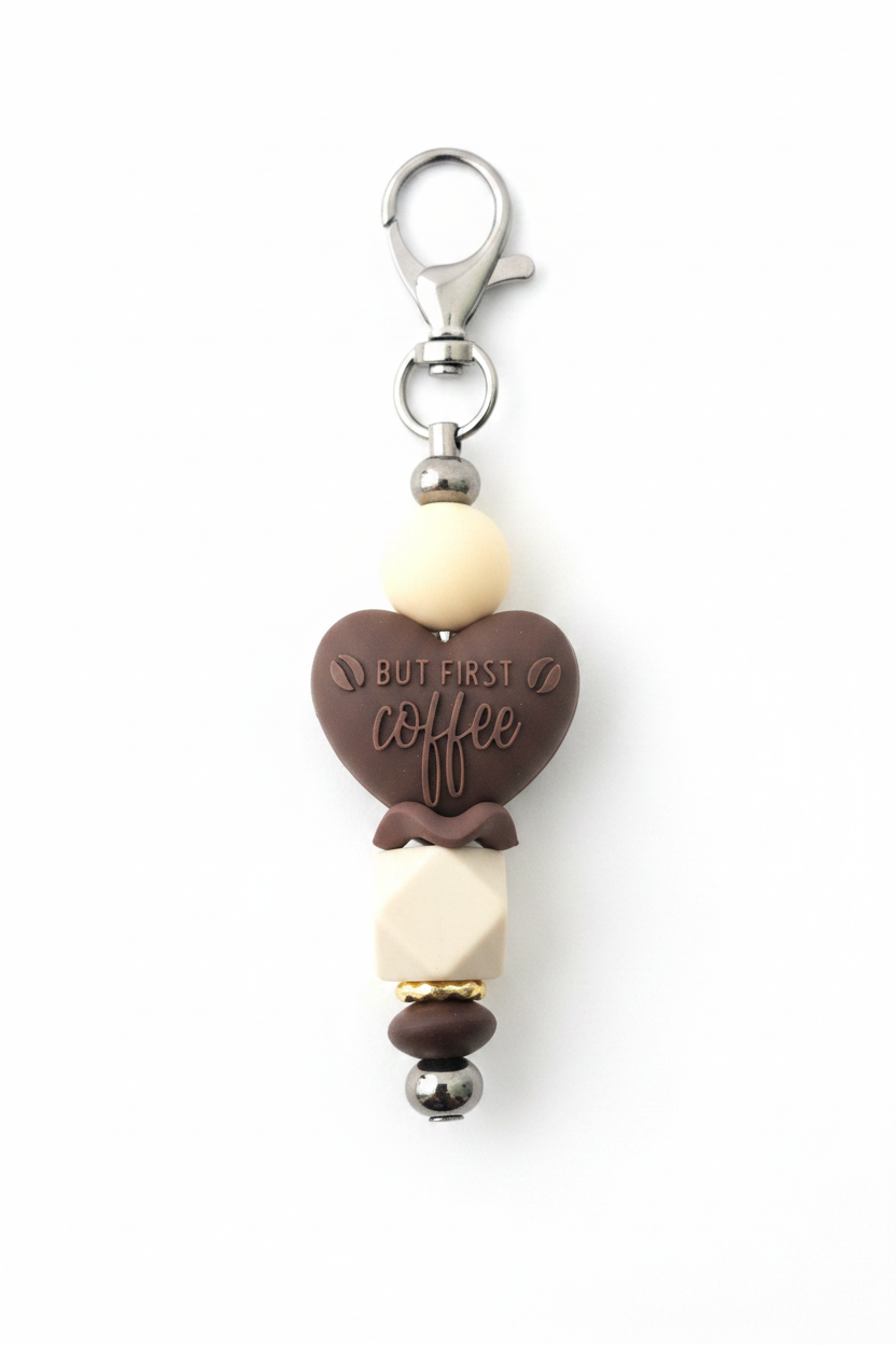 'But First Coffee' Beaded Keychain