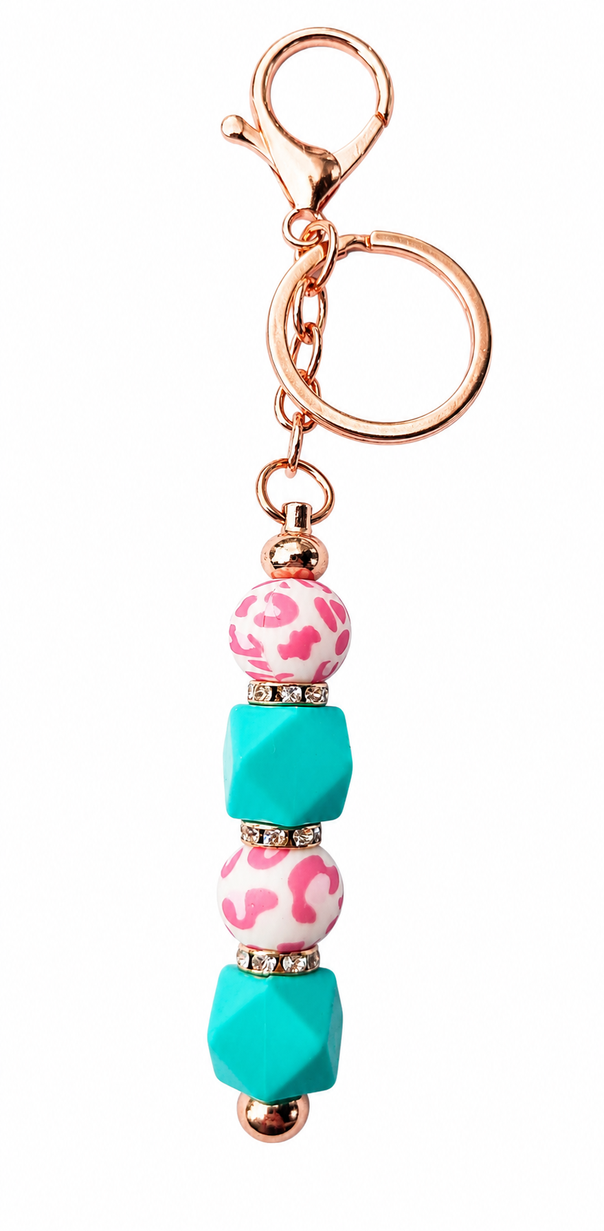 Pink Leopard & Turquoise Silicone Beaded Keychain
