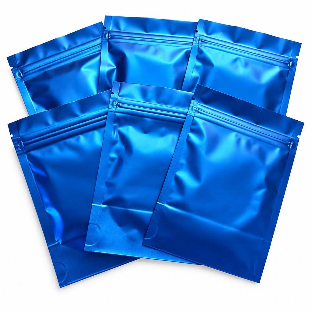 Blue Mylar Bags on White Background