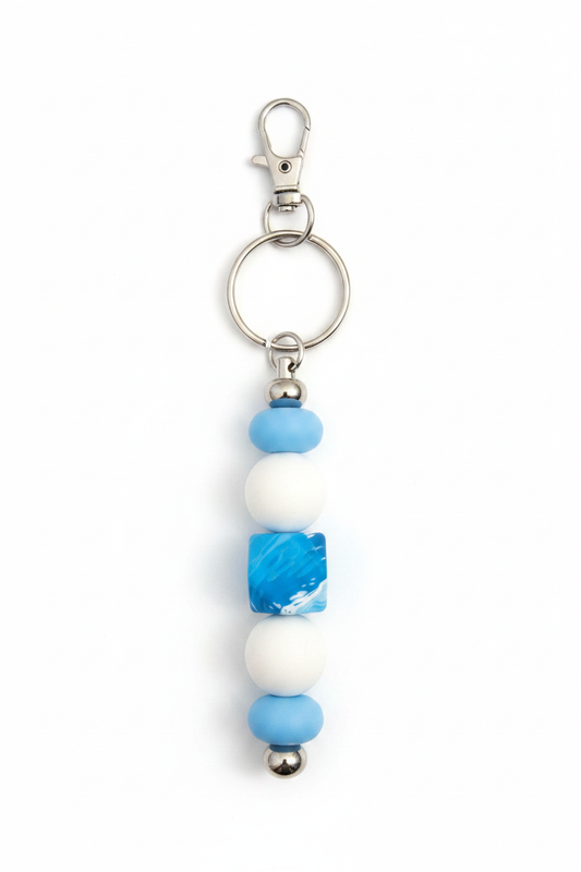 Blue & White Beaded Keychain