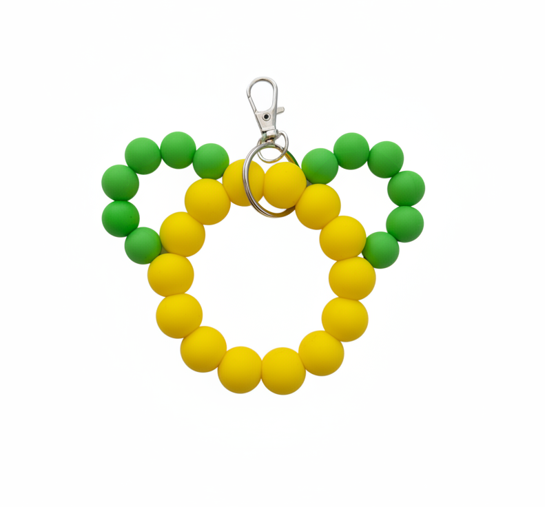 Green and Yellow Beaded Keychain on White Background