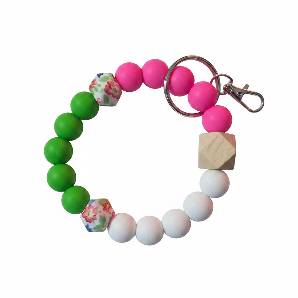 Green Pink White Beaded Wristlet Keychain