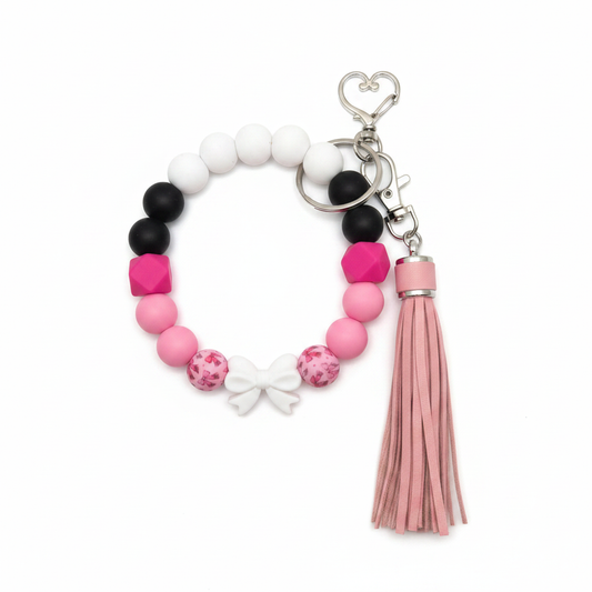 Pink & Black Beaded Wristlet Keychain