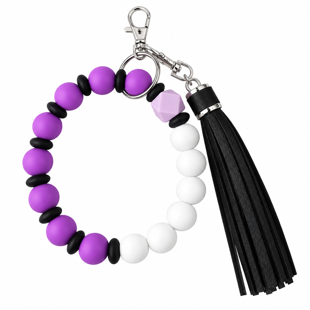 Purple Black White Beaded Wristlet Keychain with Lilac Hexagon