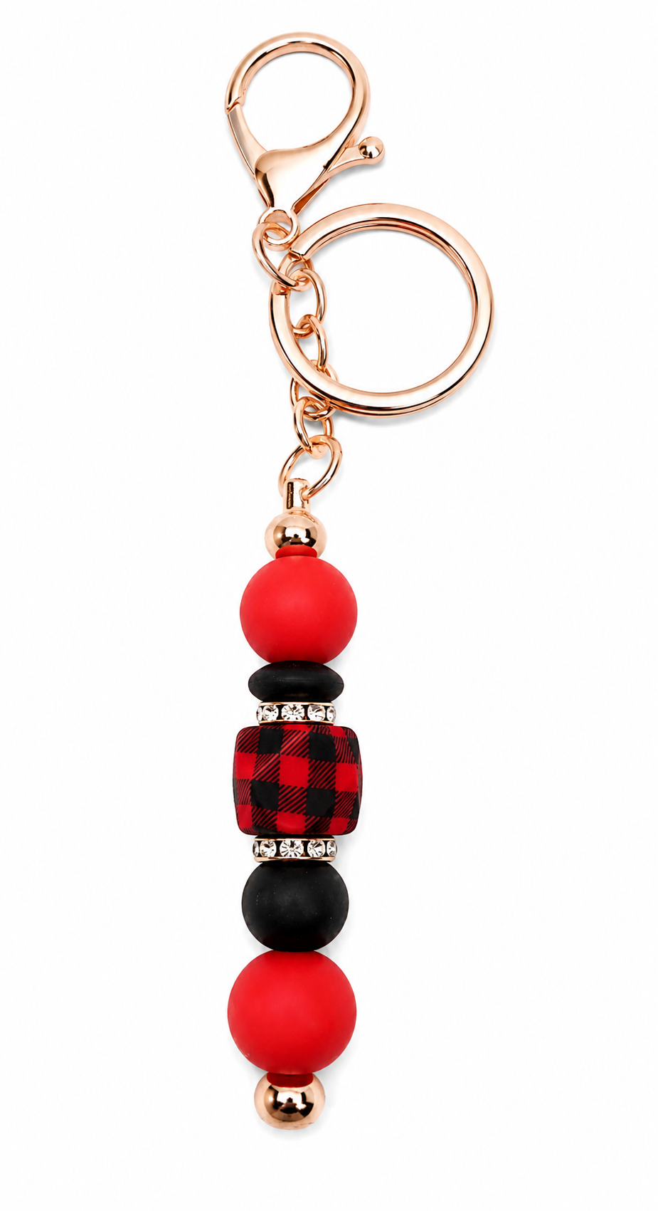Red & Black Buffalo Plaid Beaded Keychain