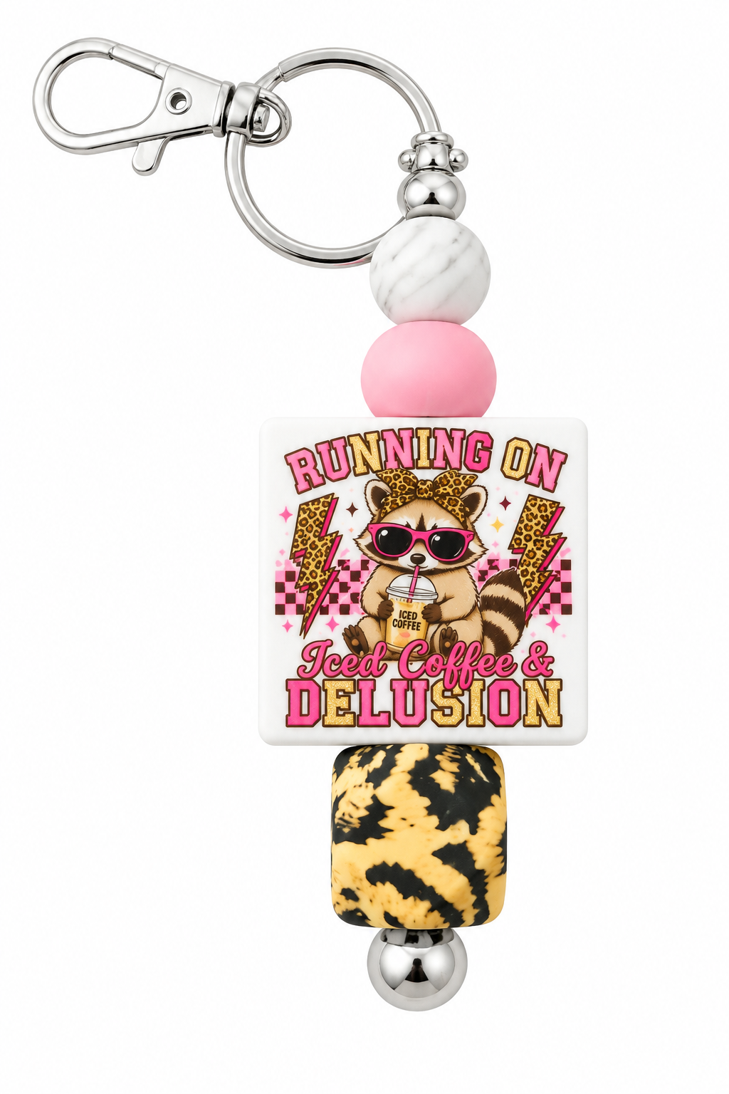 Running on Iced Coffee & Delusion Beaded Keychain - White Background
