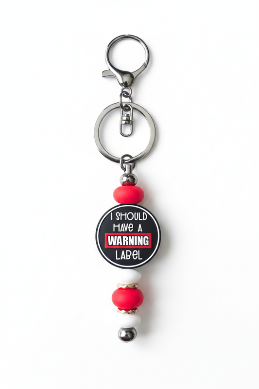 Warning Label Keychain on White Background