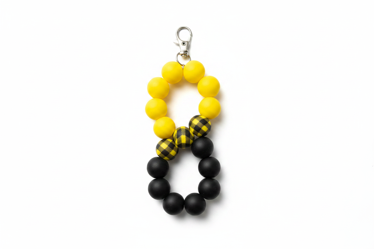 Yellow and Black Beaded Keychain - White Background